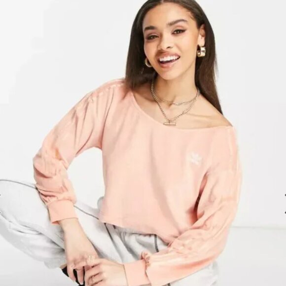New ADIDAS Cotton Velvet off shoulder 3 strips top sweatshirt in Peach - Picture 1 of 5
